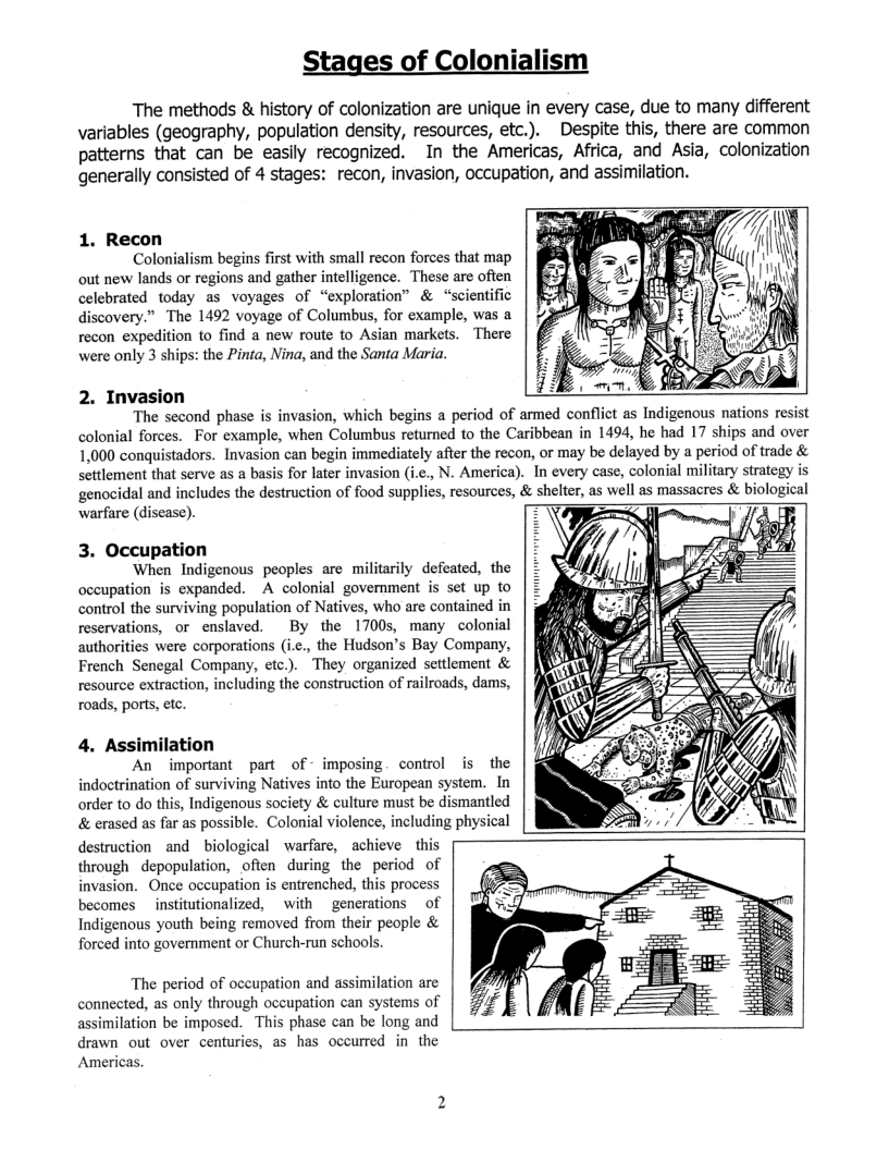 Stages of Colonialism  The methods & history of coloni:  tion are unique in every case, due to many different  variables (geography, population density, resources, etc.). Despite this, there are common patterns that can be easily recognized. In the Americas, Africa, and Asia, colonization generally consisted of 4 stages: recon, invasion, occupation, and assimilation.  1. Recon  Colonialism begins first with small recon forces that map out new lands or regions and gather intelligence. These are often celebrated today as voyages of “exploration” & “scientific discovery.” The 1492 voyage of Columbus, for example, was a recon expedition to find a new route to Asian markets. There were only 3 ships: the Pinia, Nina, and the Santa Maria.  2. Invasion  The second phase is invasion, which begins a period of armed conflict as Indigenous nations resist colonial forces. For example, when Columbus returned to the Caribbean in 1494, he had 17 ships and over 1,000 conquistadors. Invasion can begin immediately after the recon, or may be delayed by a period of trade &  settlement that serve as a basis for later invasion (i.¢., N. America).  genocidal and includes the destruction of food supplies, resources, & shelter, as well as massacres & biological  In every case, colonial military strategy is  warfare (disease).  3. Occupation  When Indigenous peoples are militarily defeated, the occupation is expanded. A colonial government is set up fo control the surviving population of Natives, who are contained in reservations, or enslaved. By the 1700s, many colonial authoritics were corporations (i.¢., the Hudson’s Bay Company, French Senegal Company, etc.). They organized settlement & resource extraction, including the construction of railroads, dams, roads, ports, etc.  4. Assimilation  An important part of - imposing. control is the indoctrination of surviving Natives into the European system. In order to do this, Indigenous society & culture must be dismantled & erased as far as possible. Colonial violence, including physical  i ]  destruction and  biological warfare, achieve this through depopulation, often during the period of invasion. Once occupation is entrenched, this process becomes institutionalized, with generations  of Indigenous youth being removed from their people & forced into government or Church-run schools.  The period of occupation and assimilation are connected, as only through occupation can systems of assimilation be imposed.  This phase can be long and  drawn out over centuries, as has occurred in the Americas. 